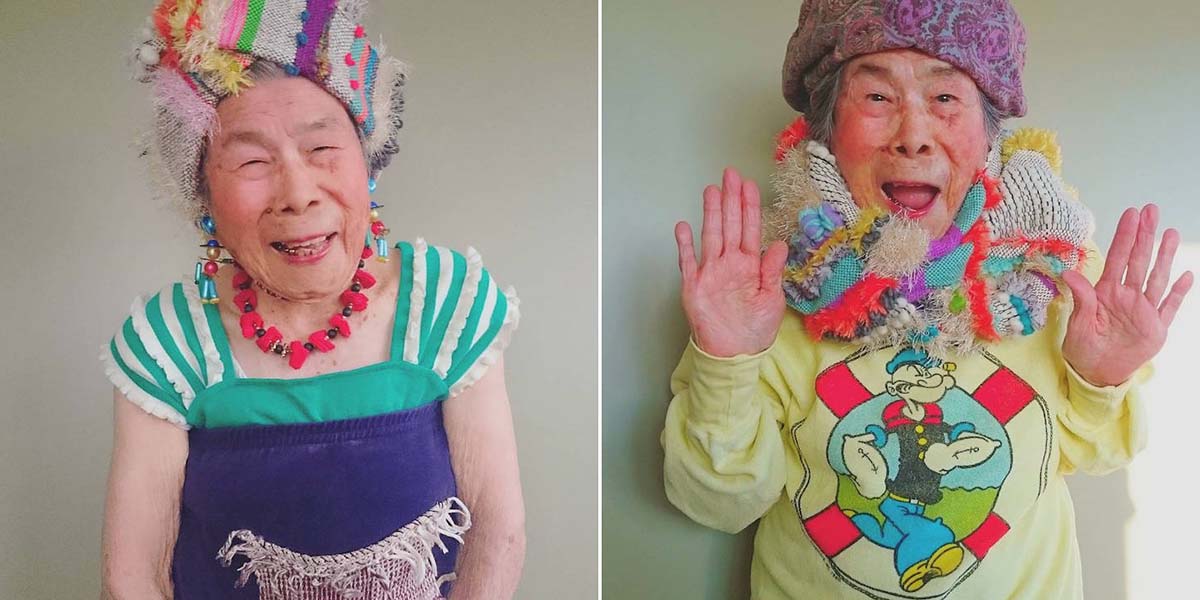 Torununun renkli Saori örgülerine neşe içinde modellik yapan 93’lük büyükanne